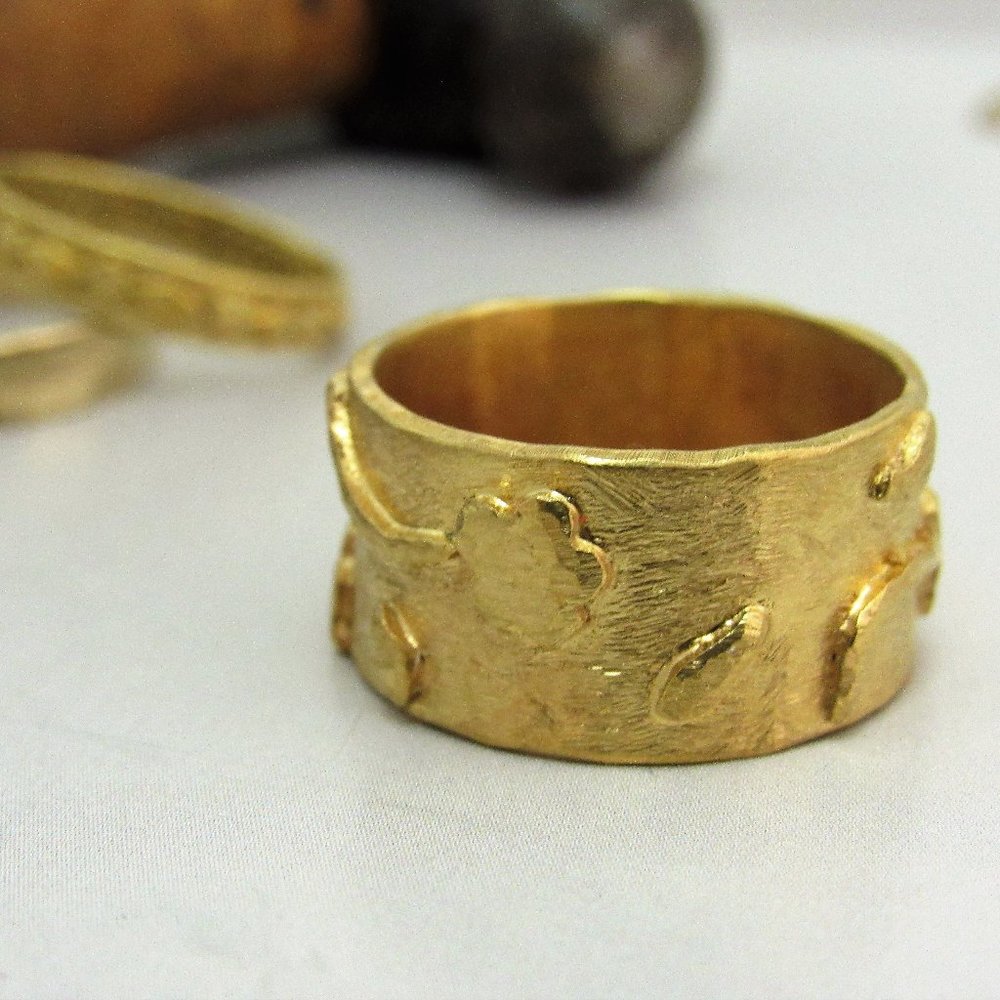 Handmade 14K Yellow Gold Wide Wedding Band – Textured Ring for Women